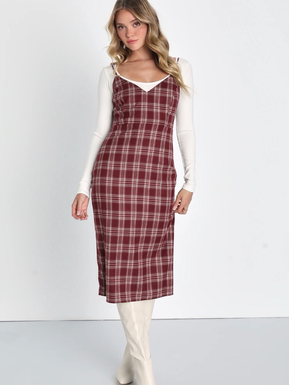 NWT Lulus iconic favorite burgundy plaid midi dress
